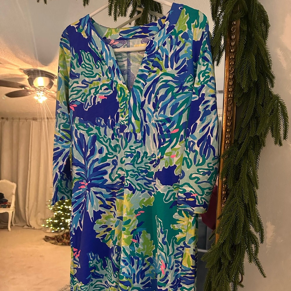 Lilly Pulitzer Riva Dress in Wade and Sea Tropical Print Pima Cotton Size S